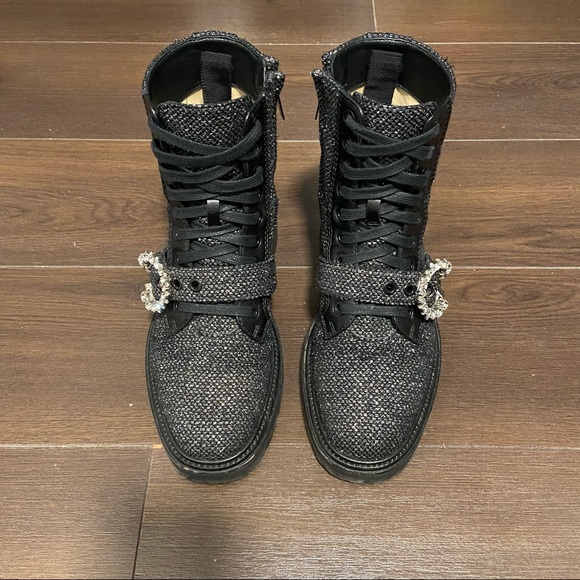 Jimmy Choo Glistening Tweed Embellished Flat Ankle Boots - Picture 2 of 6